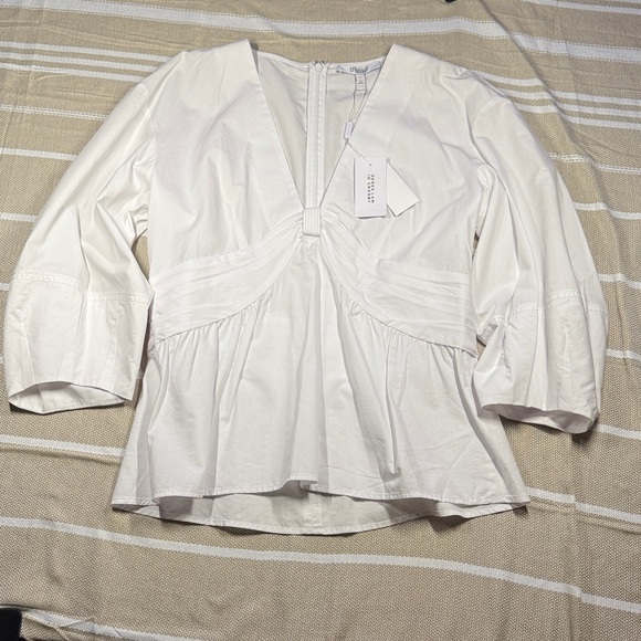 NWT Derek Lam 10 Crosby Noe Puff-Sleeve Peplum Top in Optic White Size 12 - Picture 2 of 7